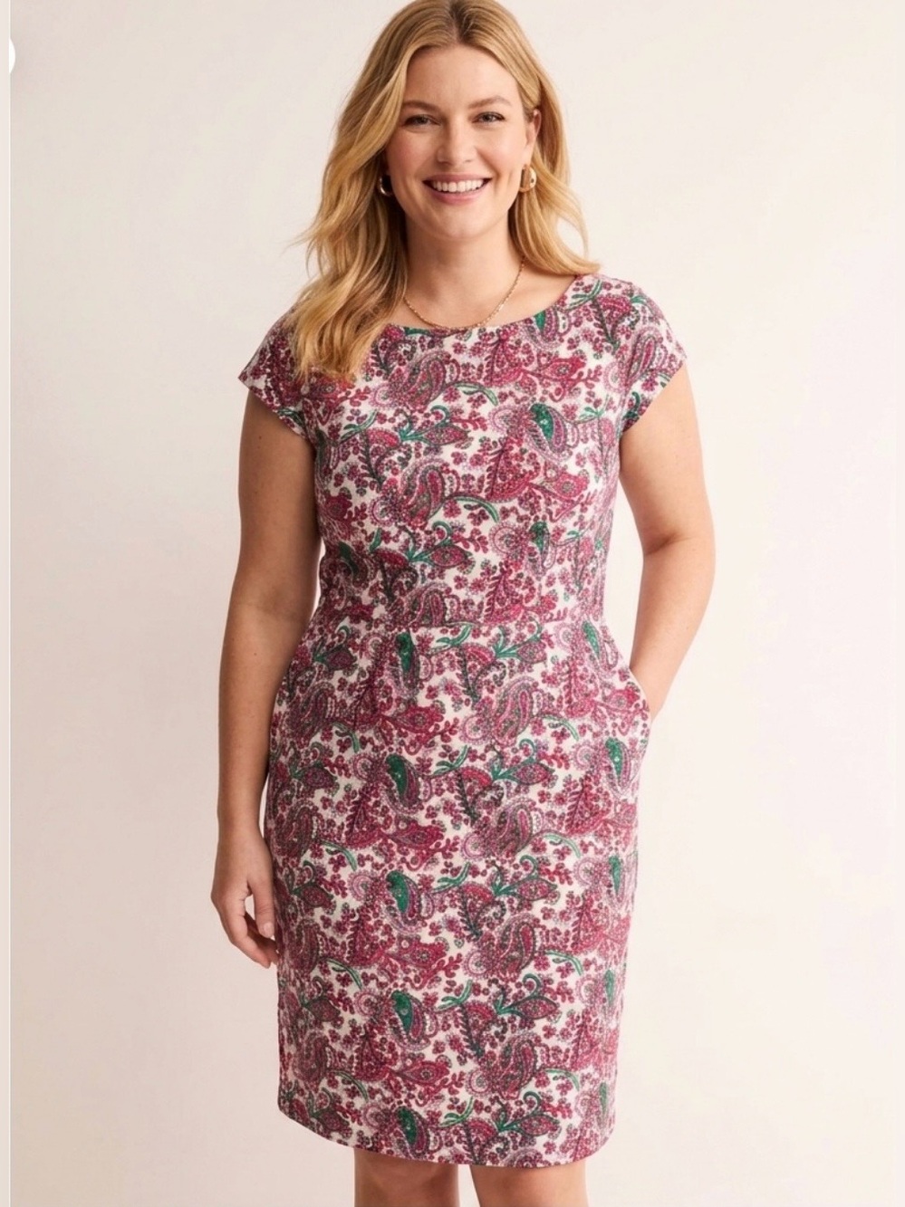 New Boden Floral Paisley Dress Multicolor Cap Sleeve Pockets Sz 16 - 18R UK 20R